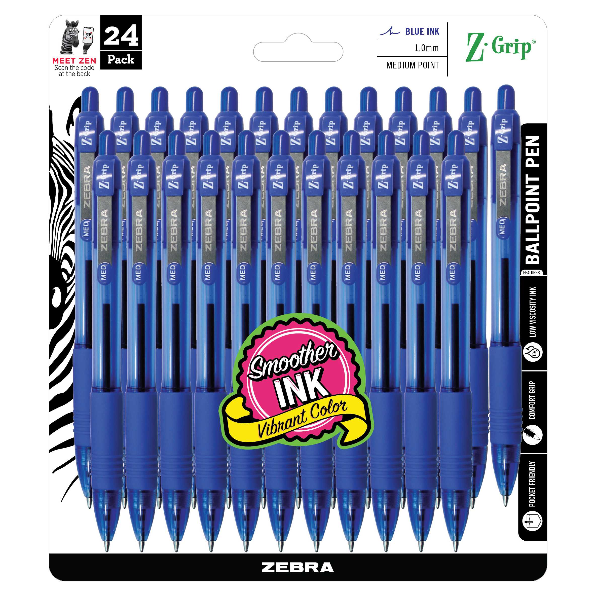 Zebra - Z-Grip Retractable Ballpoint Pen, Black Ink, Medium - 24