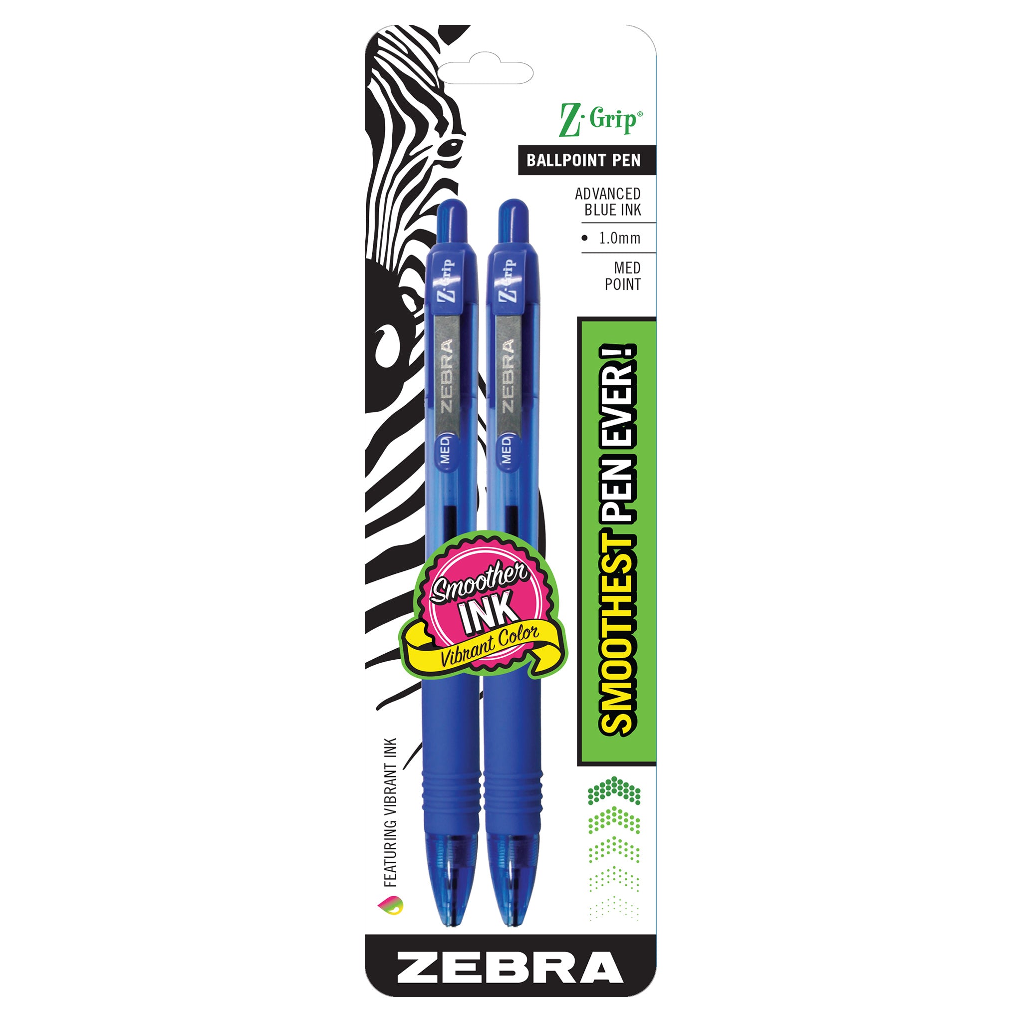 Zebra Pen Z-Grip Retractable Ballpoint Pens - Medium Pen Point - 1 mm Pen Point Size - Multi - Yellow, Green, Blue, Purple, Pink Barrel - 10 / Pack
