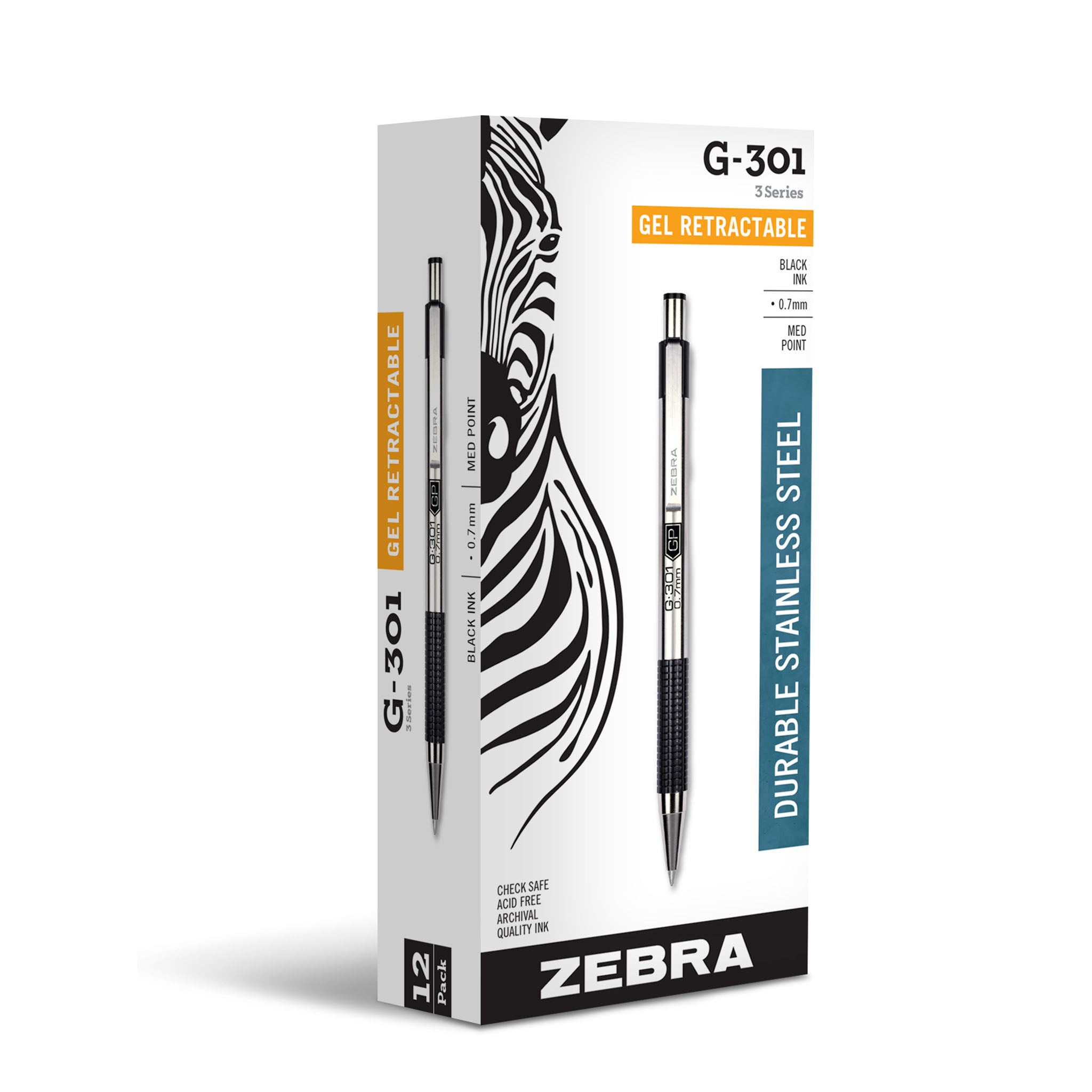 Zebra Steel G-301 Gel Retractable Pen, Medium 0.7 mm Black